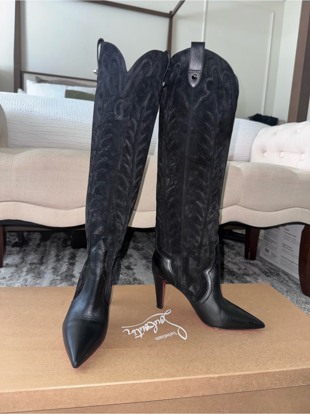 Christian Louboutin Black Pointed-Toe Knee-High Heeled Boots